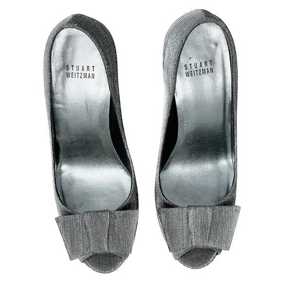 Stuart Weitzman silver pewter Bowright peep toe bow platform pumps size 8 - Picture 3 of 16